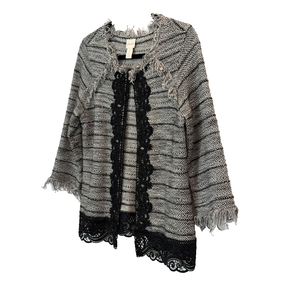 Chicos Open Front Textured Jacket Womens 1X Fringe Lace Old Money Quiet Luxury - Picture 2 of 5